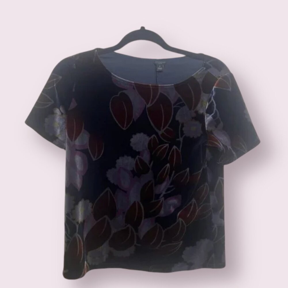 ⭐️ Velvet Floral Crew Neck Boho Peasant Business Casual Artsy Modern Blouse Top